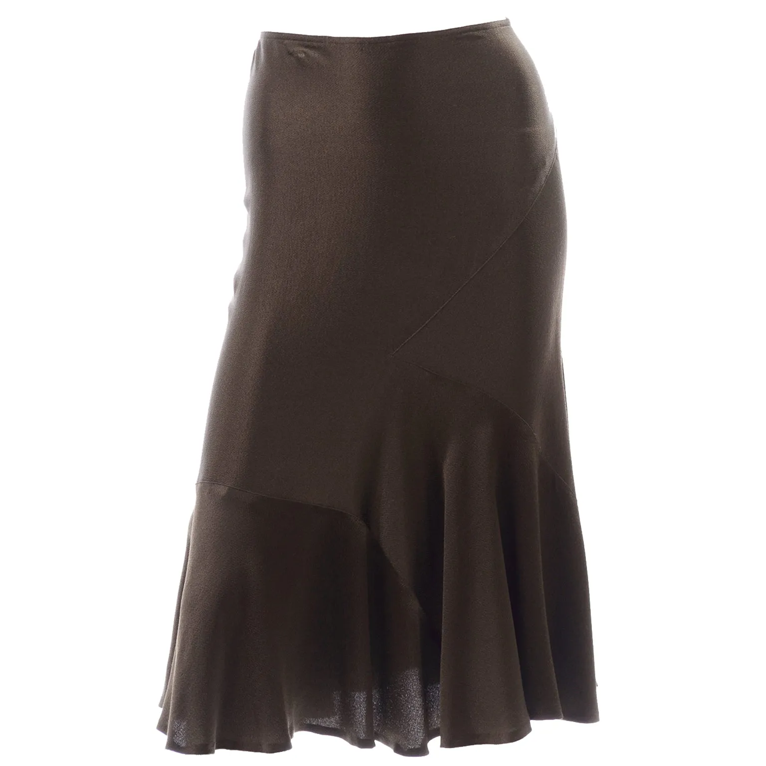 1990s Donna Karan Vintage Brown Olive Silk Bias Cut Skirt