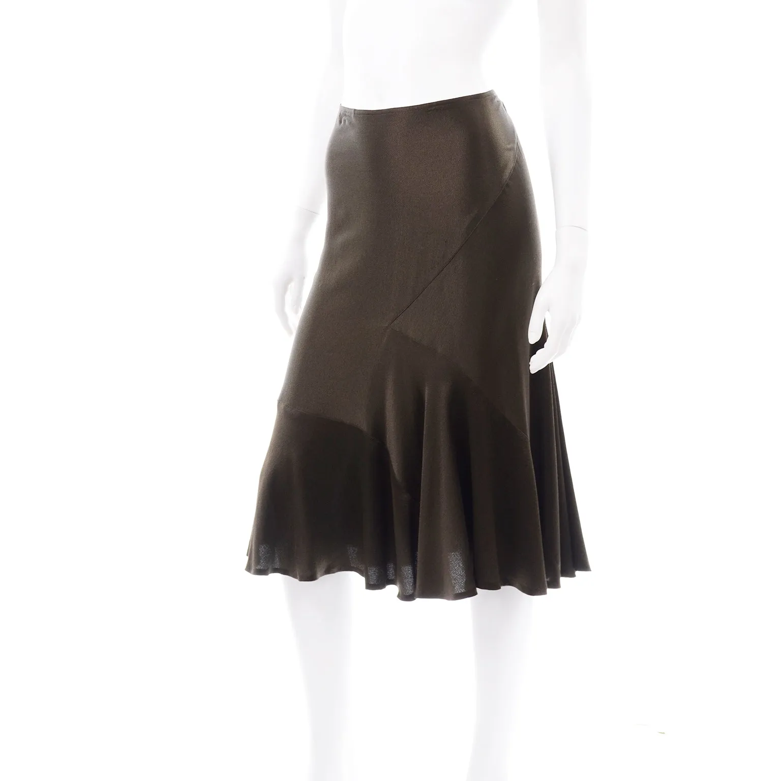 1990s Donna Karan Vintage Brown Olive Silk Bias Cut Skirt