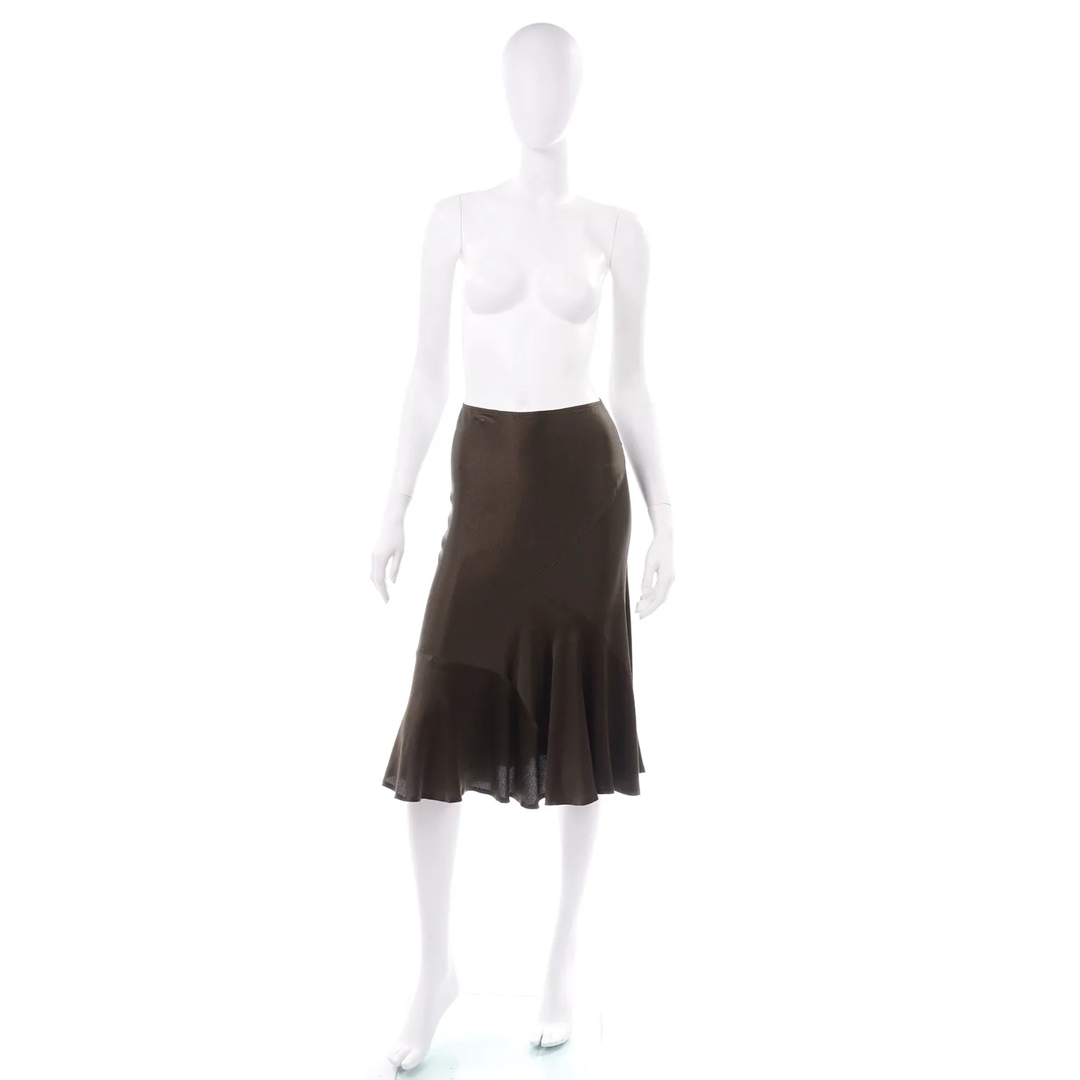 1990s Donna Karan Vintage Brown Olive Silk Bias Cut Skirt