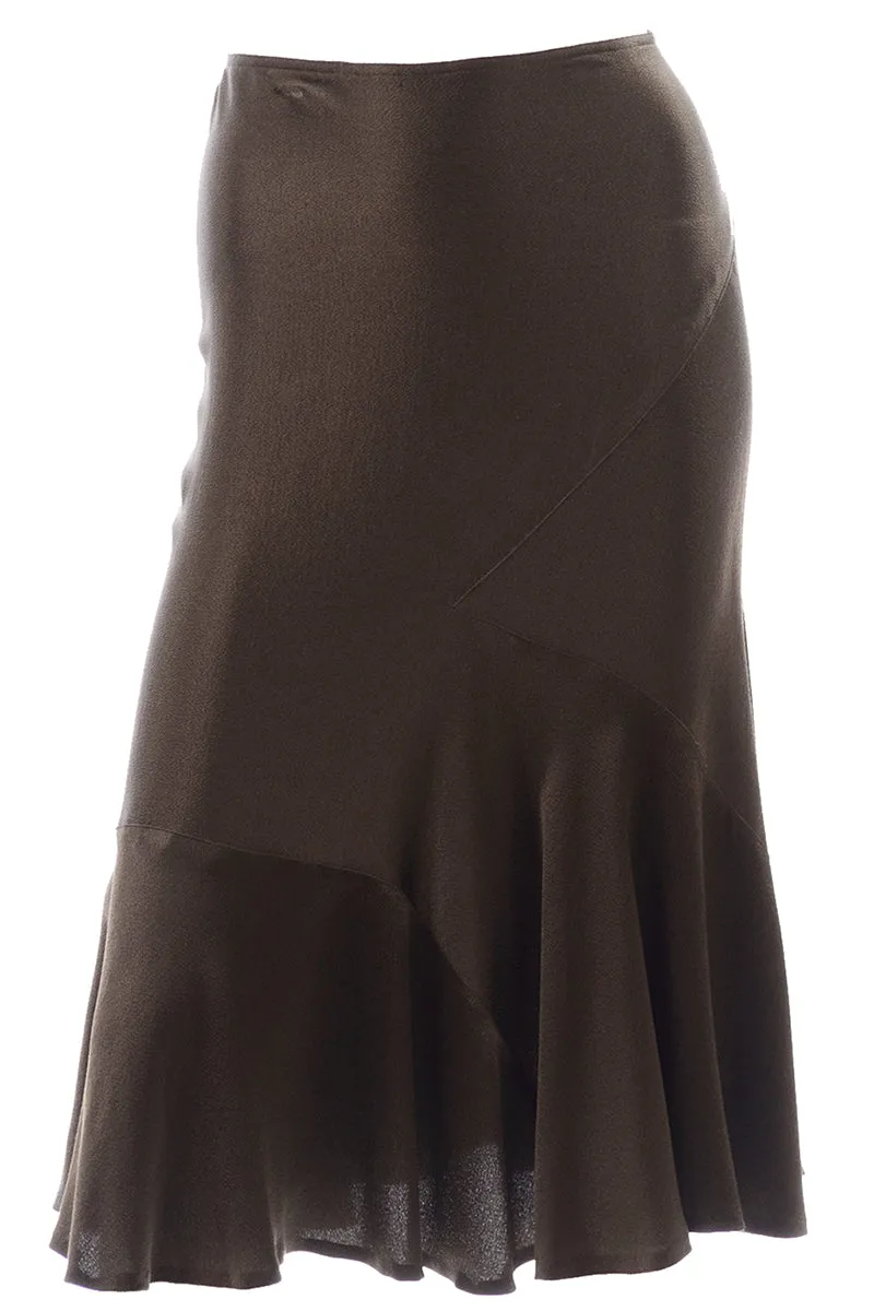 1990s Donna Karan Vintage Brown Olive Silk Bias Cut Skirt