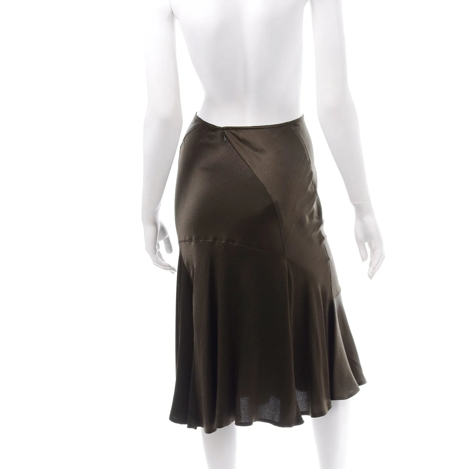 1990s Donna Karan Vintage Brown Olive Silk Bias Cut Skirt