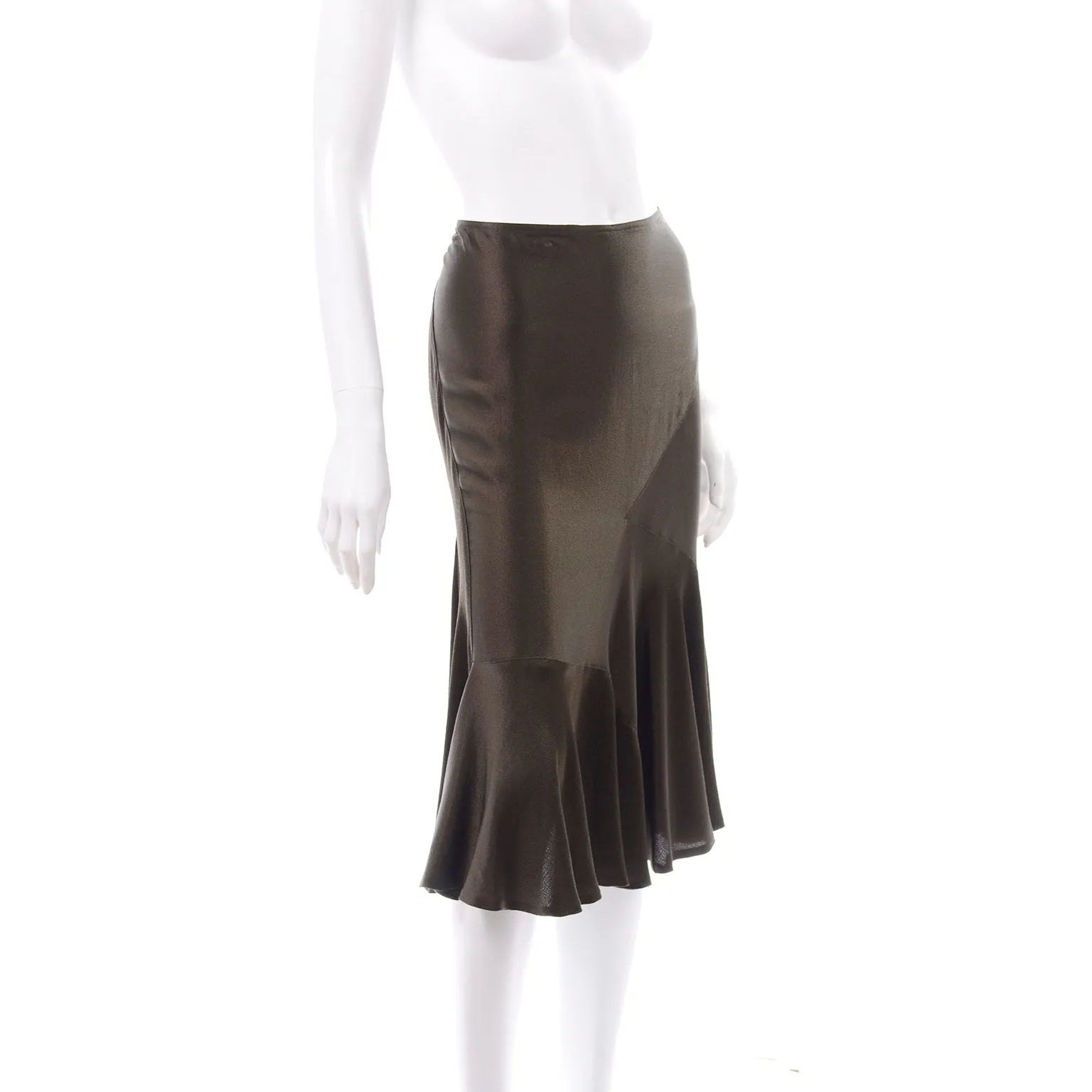 1990s Donna Karan Vintage Brown Olive Silk Bias Cut Skirt