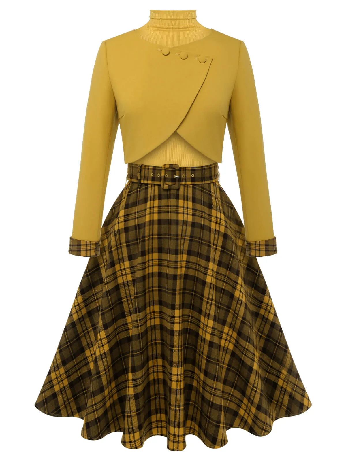 2PCS Yellow 1950s Short Coat & Plaid Dress