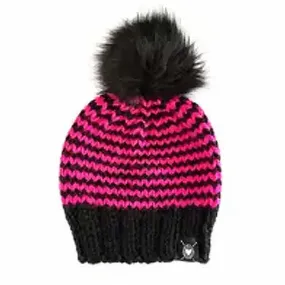 (30% Off) Beanie - Classic Wool-Free Pom in Black Pink Stripes with Black Faux Fur by Nickichicki