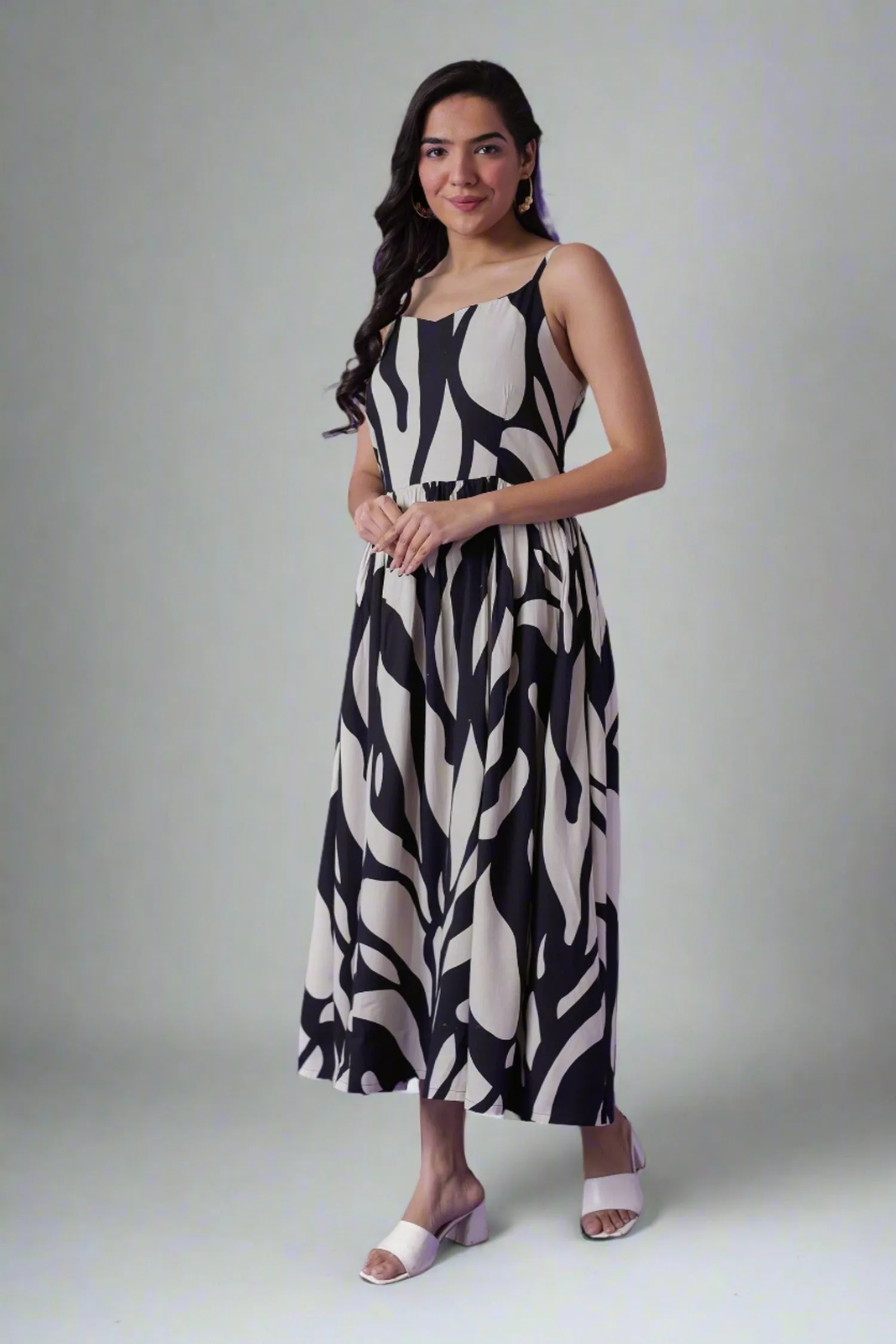 Abstract Black & White Print Muslin Dress