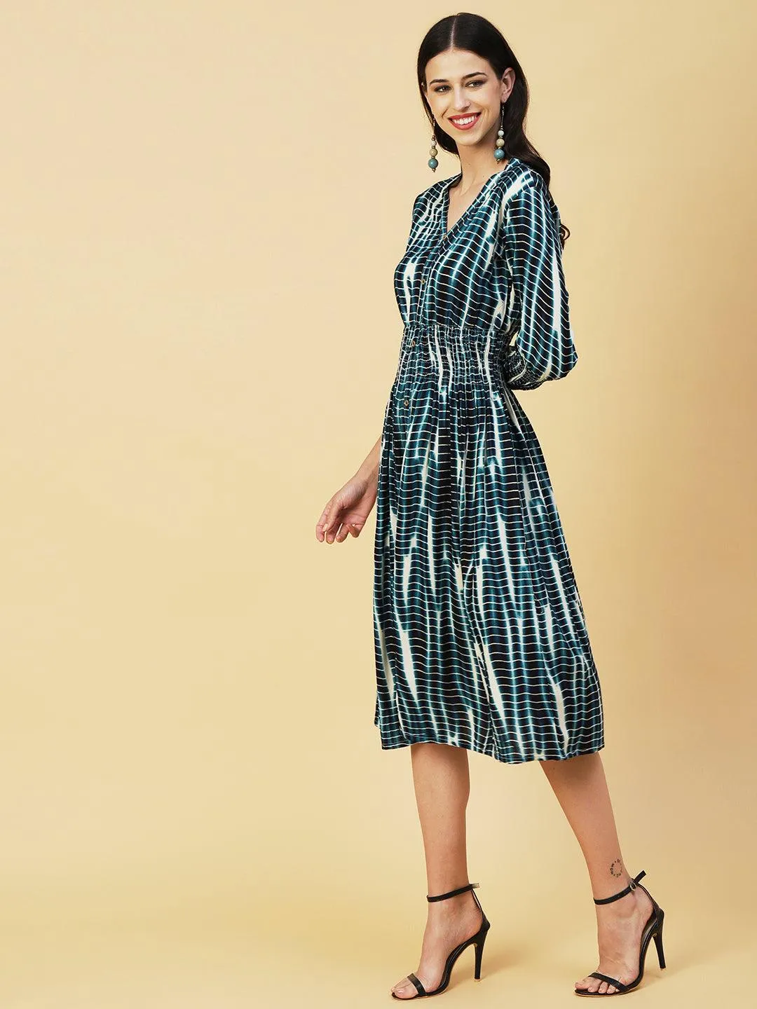 Abstract Printed Smocked Waistline & Sleeves Midi Dress - Blue