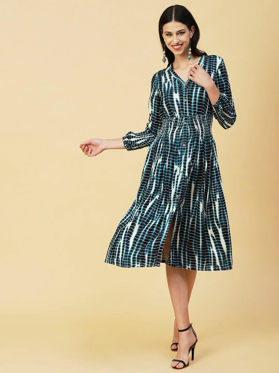 Abstract Printed Smocked Waistline & Sleeves Midi Dress - Blue