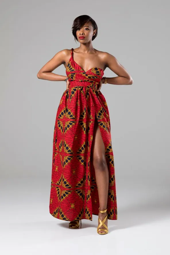 African Print Red Multiway Infinity Maxi Dress - Cordelia