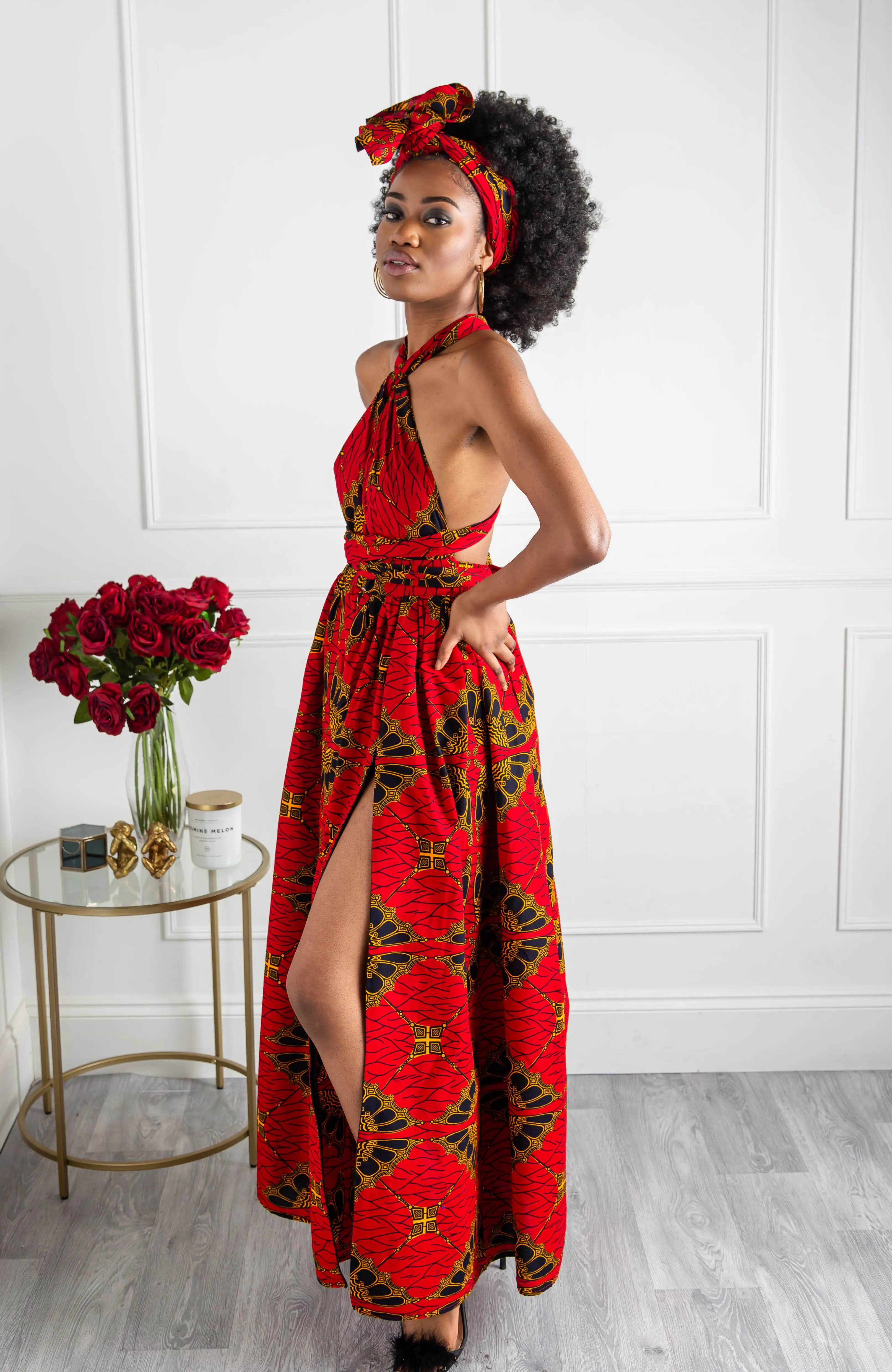 African Print Red Multiway Infinity Maxi Dress - Cordelia