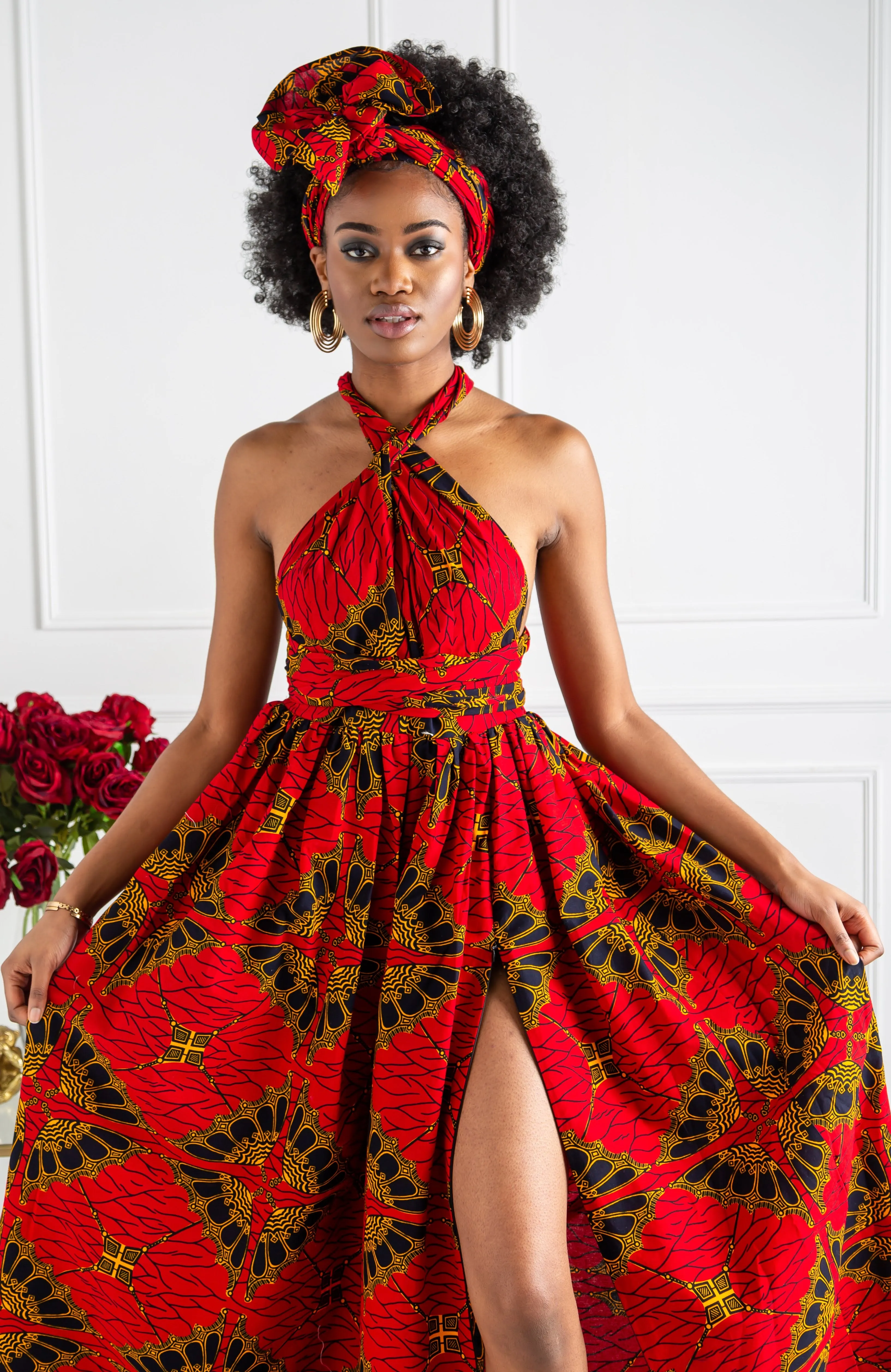 African Print Red Multiway Infinity Maxi Dress - Cordelia