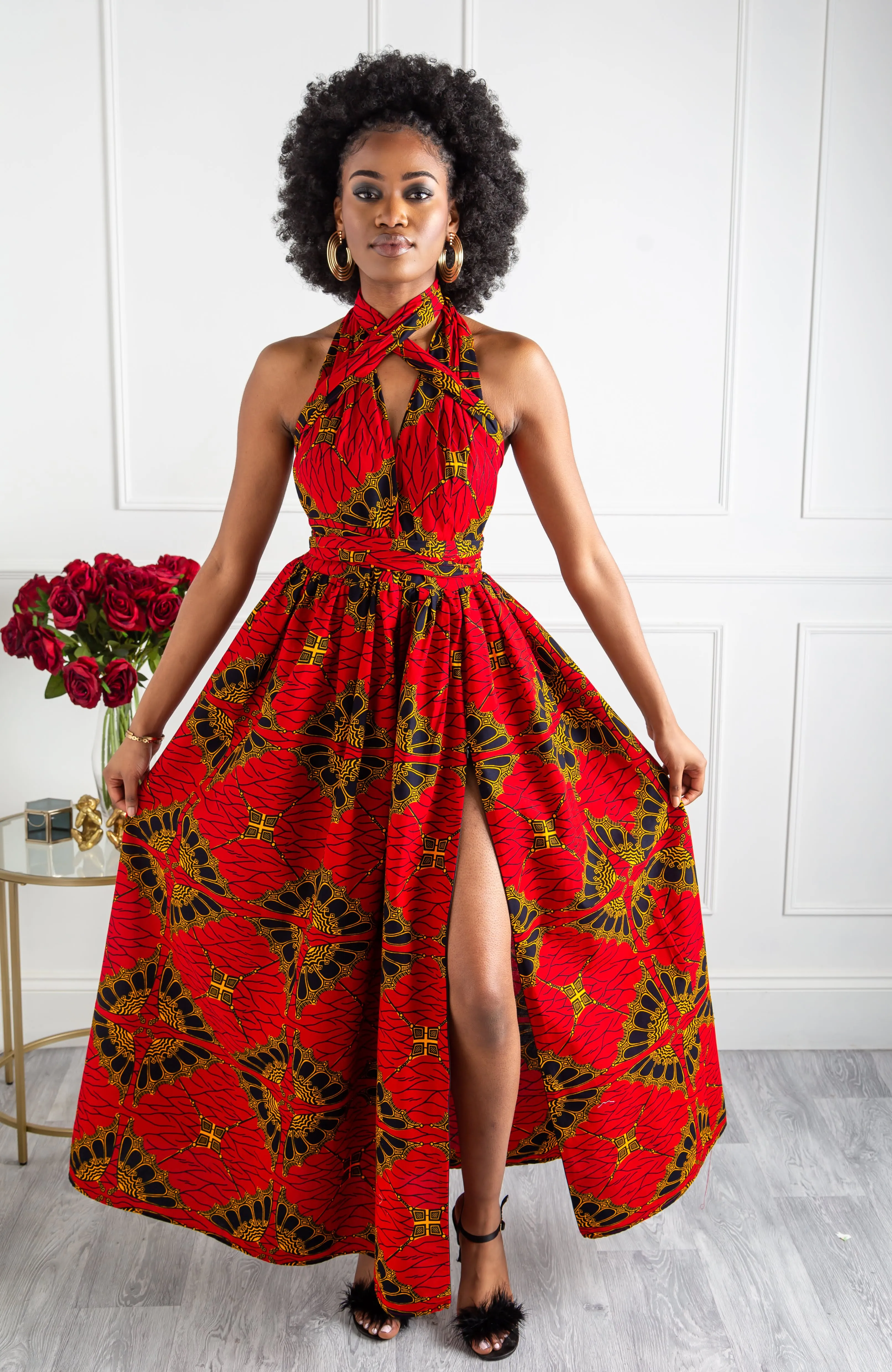 African Print Red Multiway Infinity Maxi Dress - Cordelia