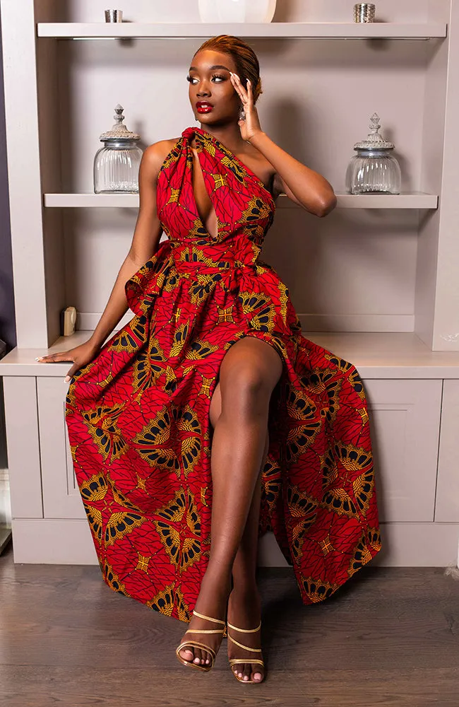 African Print Red Multiway Infinity Maxi Dress - Cordelia