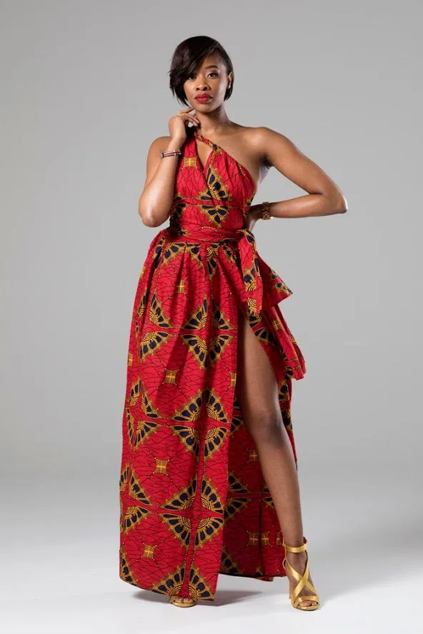 African Print Red Multiway Infinity Maxi Dress - Cordelia