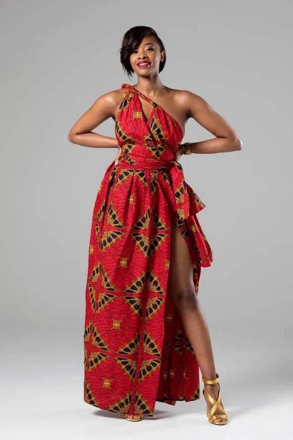 African Print Red Multiway Infinity Maxi Dress - Cordelia