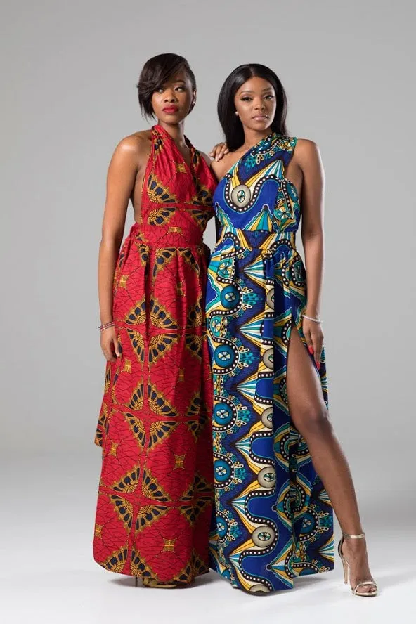 African Print Red Multiway Infinity Maxi Dress - Cordelia