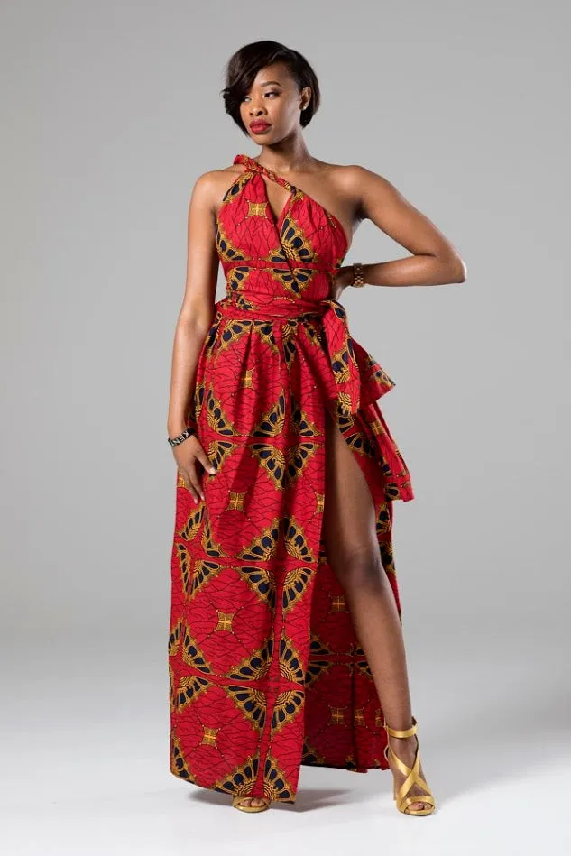 African Print Red Multiway Infinity Maxi Dress - Cordelia