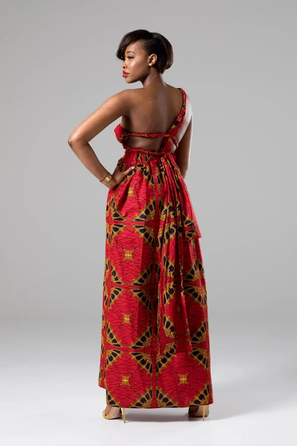 African Print Red Multiway Infinity Maxi Dress - Cordelia