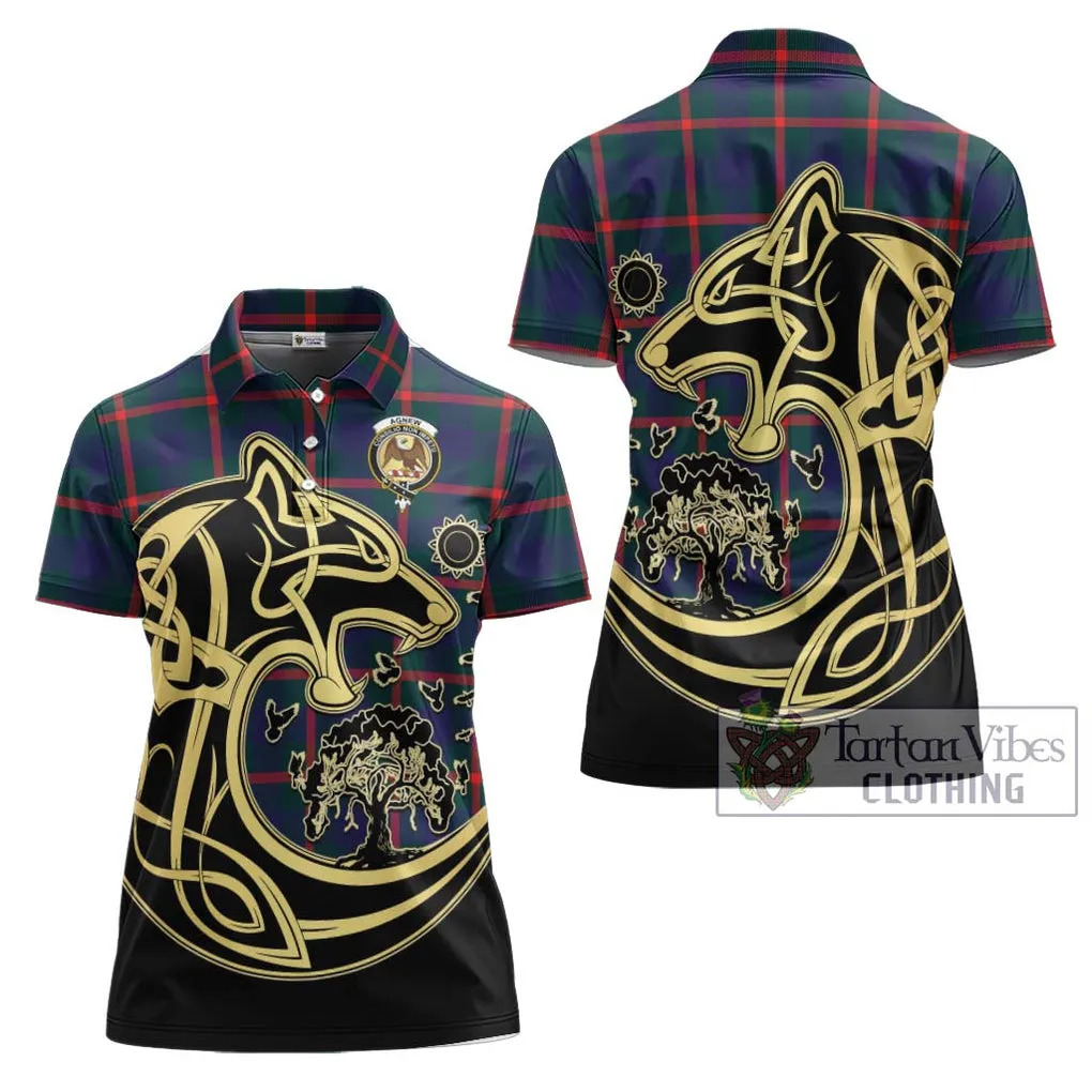 Agnew Tartan Women's Polo Shirt with Family Crest Celtic Wolf Style