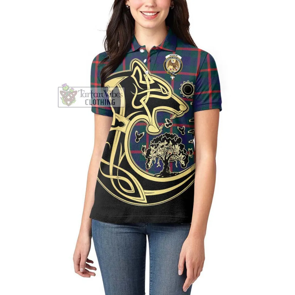 Agnew Tartan Women's Polo Shirt with Family Crest Celtic Wolf Style