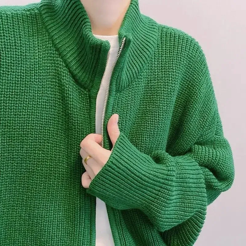 Aidase Man Clothes Zip-up Jacket Green Zipper Coat High Collar Turtleneck Knitted Sweaters for Men Cardigan Ugly Thick Winter Casual