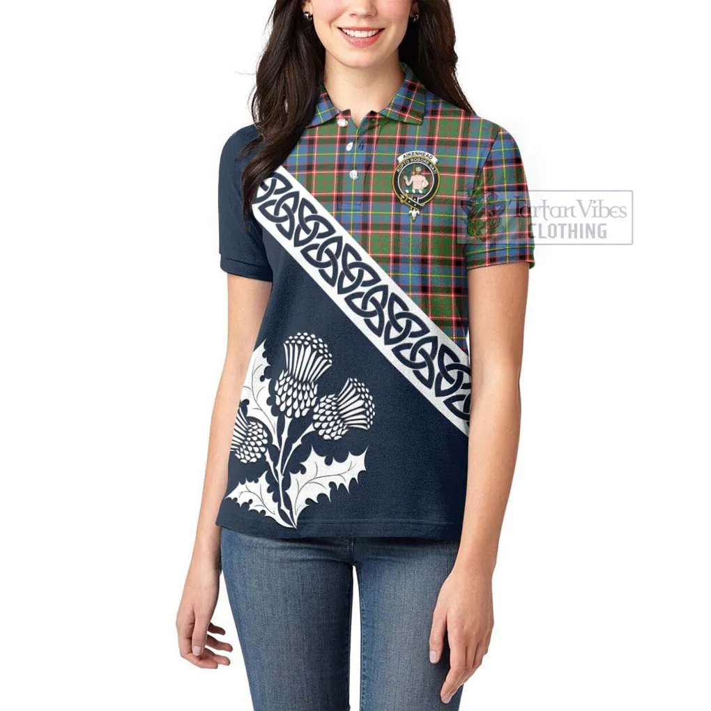 Aikenhead Tartan Women's Polo Shirt Featuring Thistle and Scotland Map