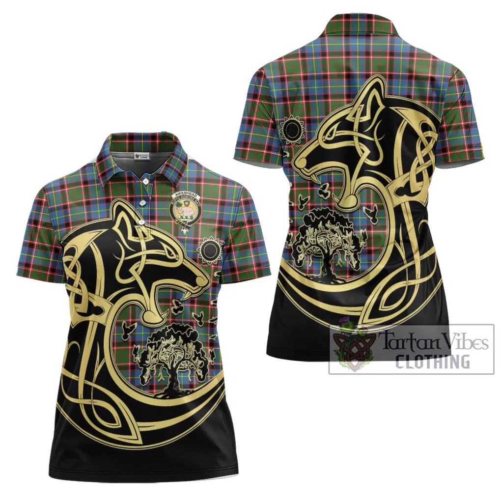 Aikenhead Tartan Women's Polo Shirt with Family Crest Celtic Wolf Style