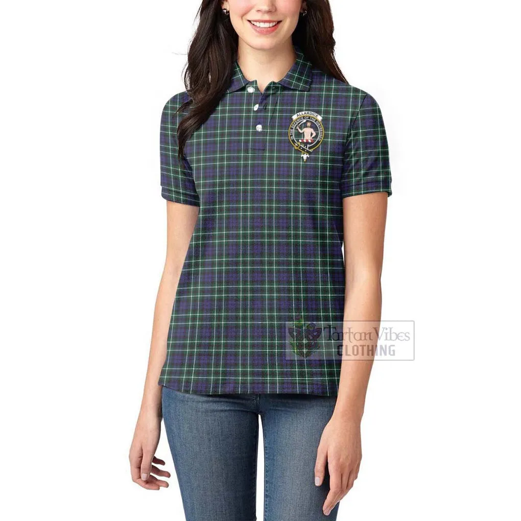 Allardice Tartan Women's Polo Shirt with Family Crest and Bearded Skull Holding Bottles of Whiskey