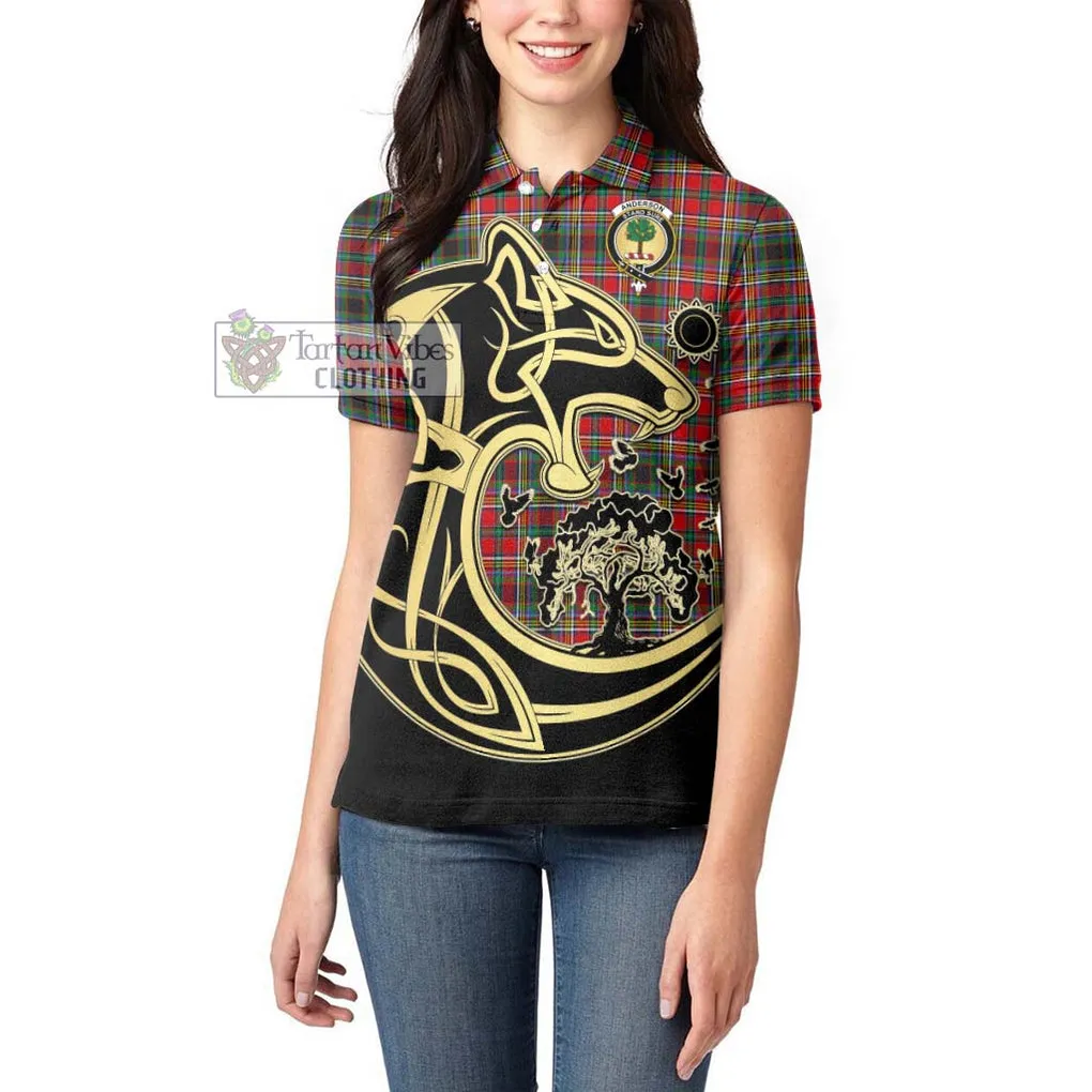 Anderson of Arbrake Tartan Women's Polo Shirt with Family Crest Celtic Wolf Style