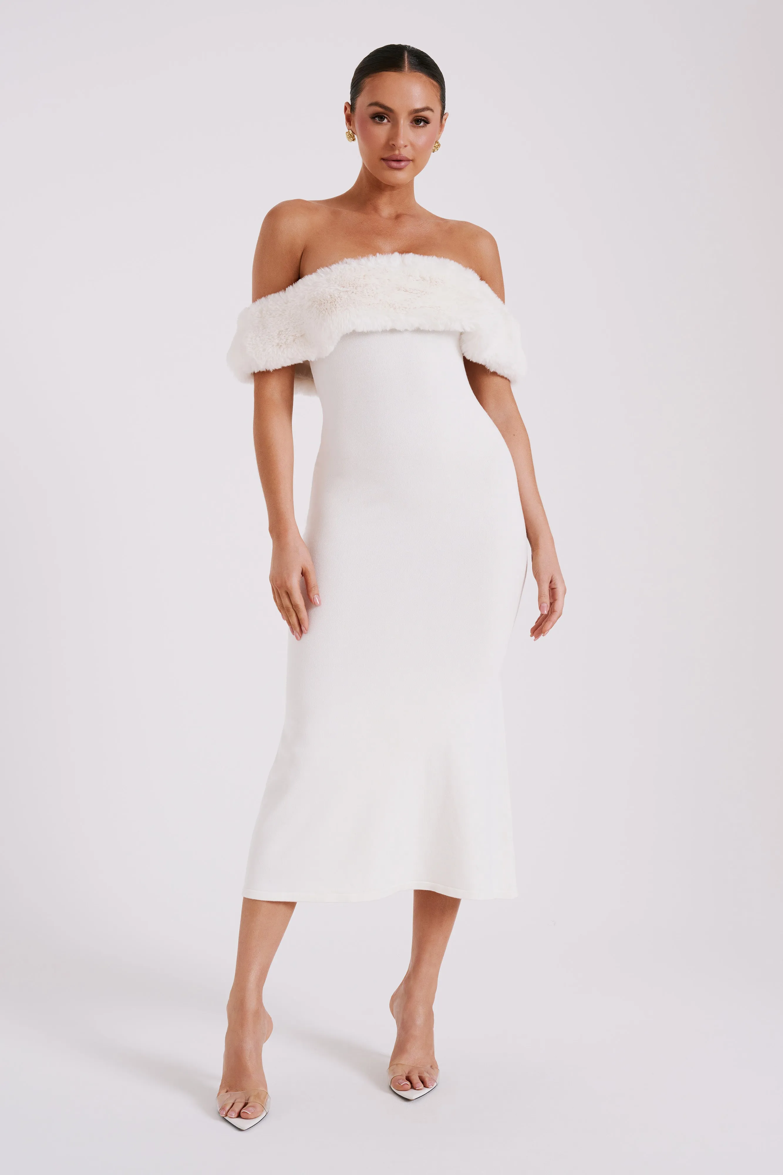 Angelica Off Shoulder Knit Midi Dress With Faux Fur - Ivory