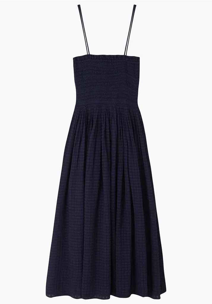 Annie Smocked Check Midi Dress In Navy