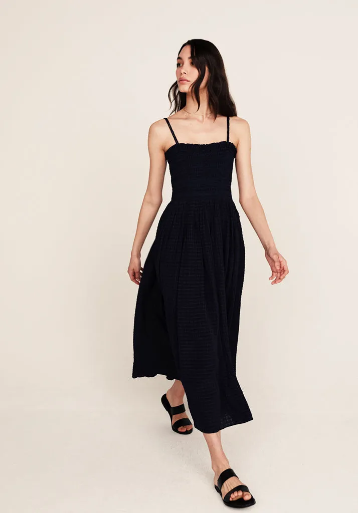 Annie Smocked Check Midi Dress In Navy