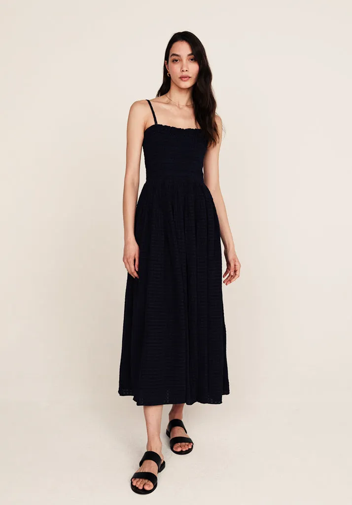 Annie Smocked Check Midi Dress In Navy