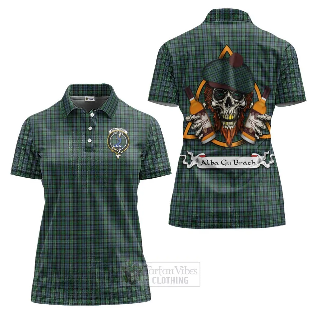 Arbuthnot Tartan Women's Polo Shirt with Family Crest and Bearded Skull Holding Bottles of Whiskey