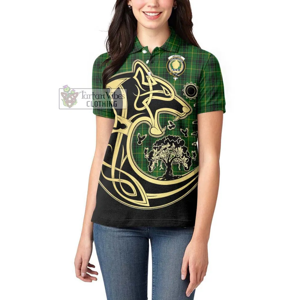 Arthur Tartan Women's Polo Shirt with Family Crest Celtic Wolf Style