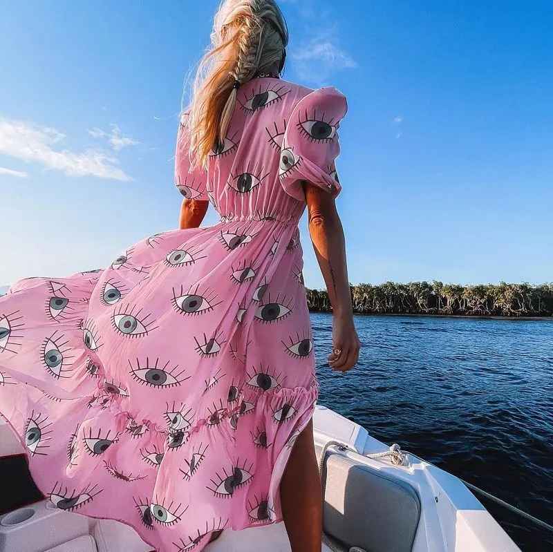 Beach Day Cover Up Maxi Dress Beach Good Vibes Eye Print in Pink, Blue, Dots, Blue Pattern, Turquoise and Black