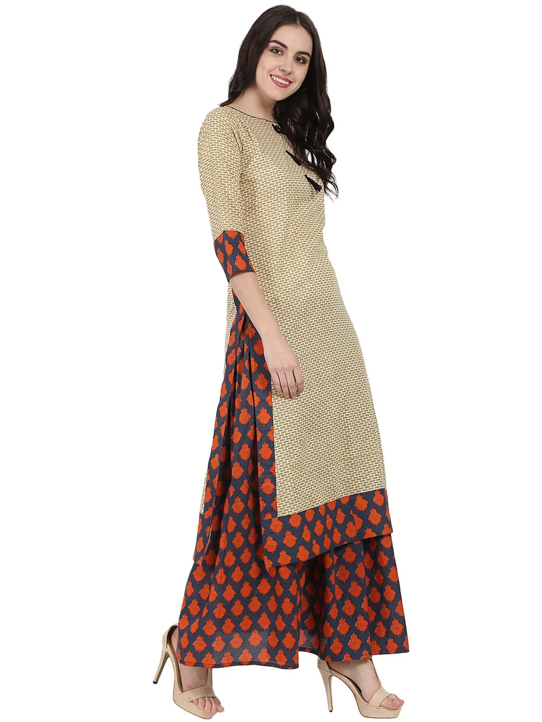 Beige Printed 3/4Th Sleeve Cotton Kurta With Blue Printed Ankle Length Flared Skirt