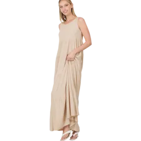 Beige Sleeveless Tiered Maxi Dress