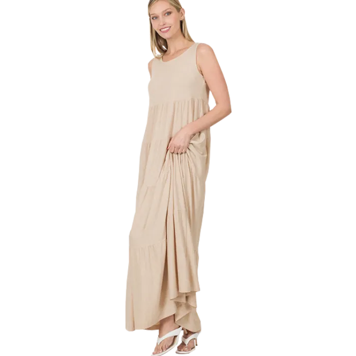 Beige Sleeveless Tiered Maxi Dress