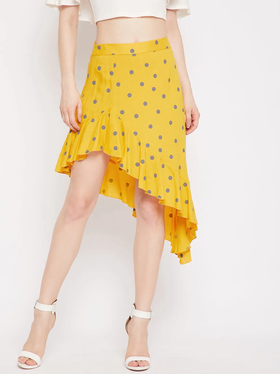 Berrylush Women Yellow & Grey Polka Dot Printed Asymmetric Hem Ruffled Mini Skirt