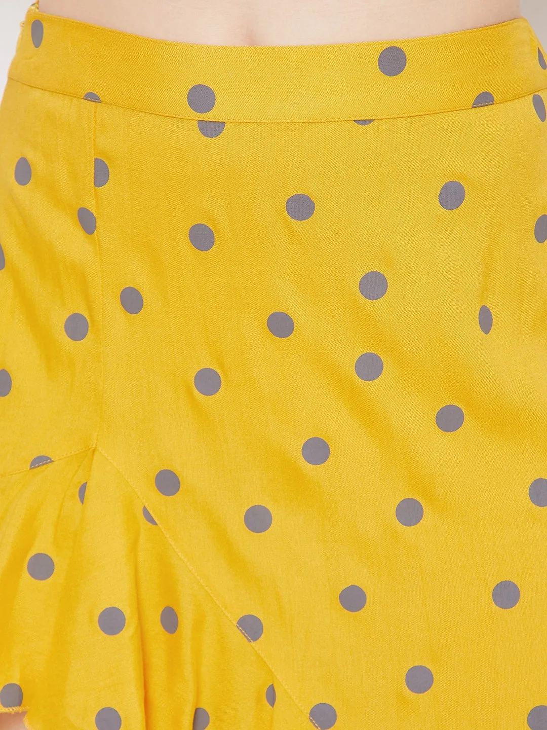 Berrylush Women Yellow & Grey Polka Dot Printed Asymmetric Hem Ruffled Mini Skirt