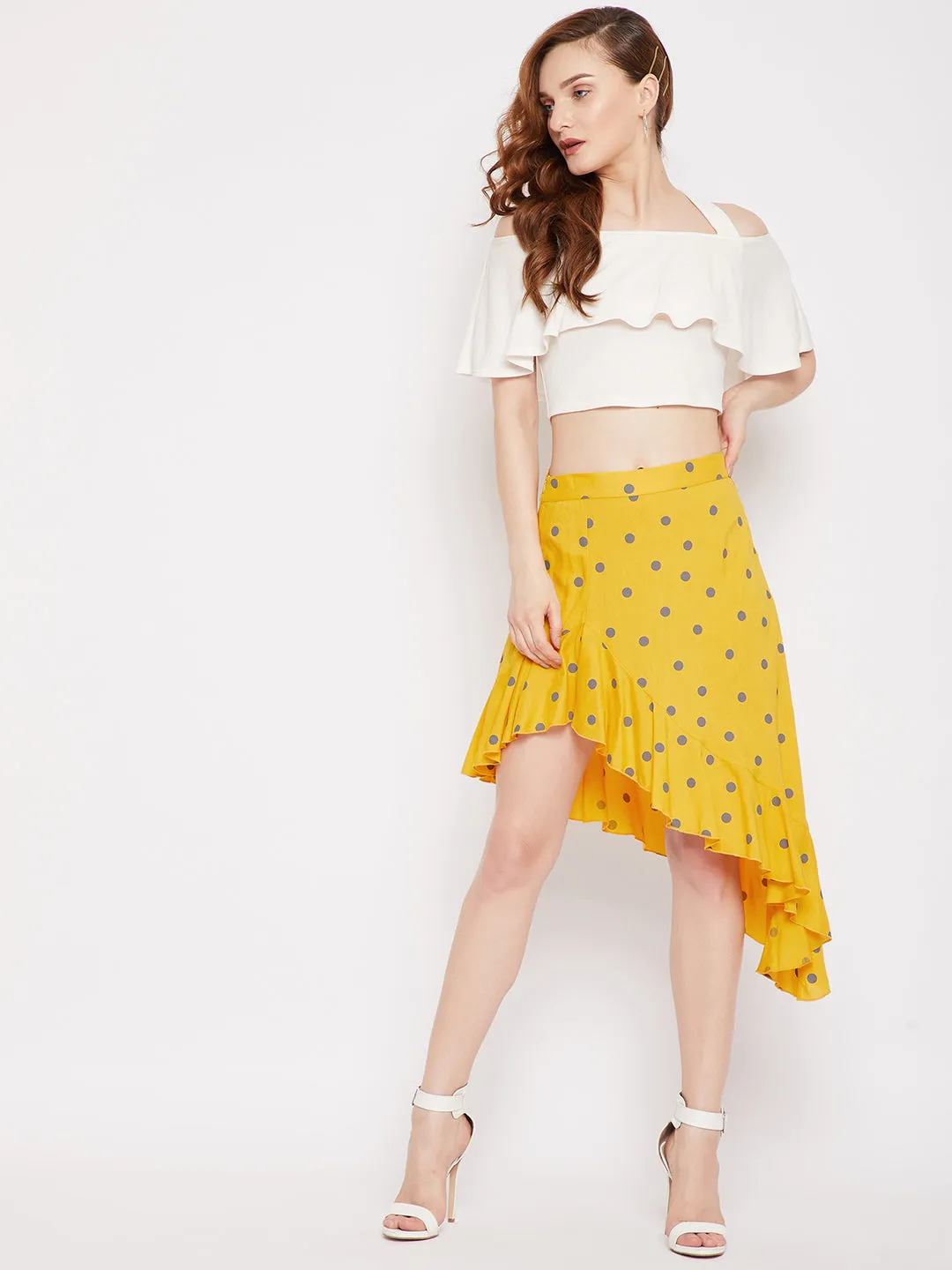 Berrylush Women Yellow & Grey Polka Dot Printed Asymmetric Hem Ruffled Mini Skirt