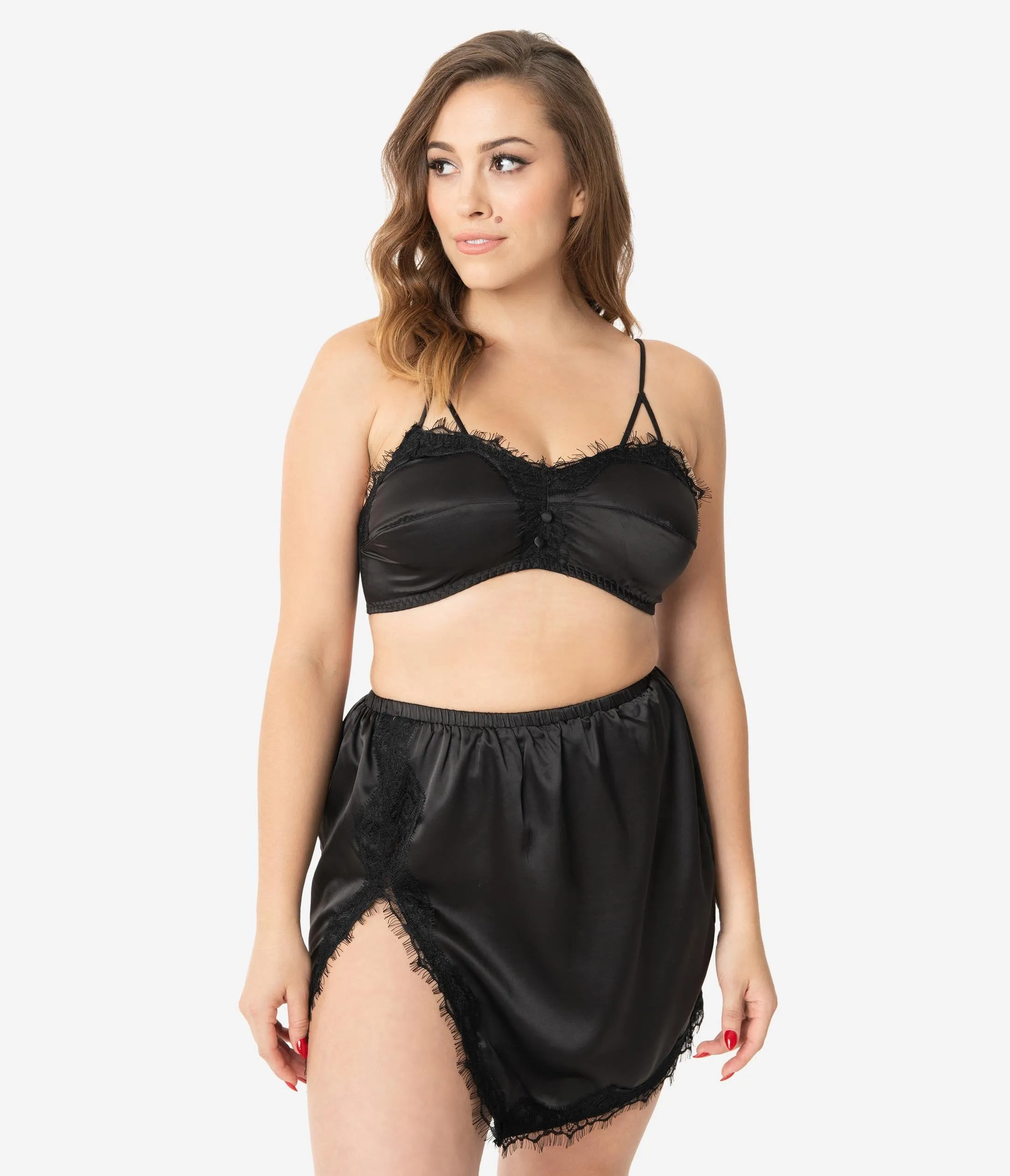 Bettie Page Black Satin & Lace Bralette & Slip Skirt