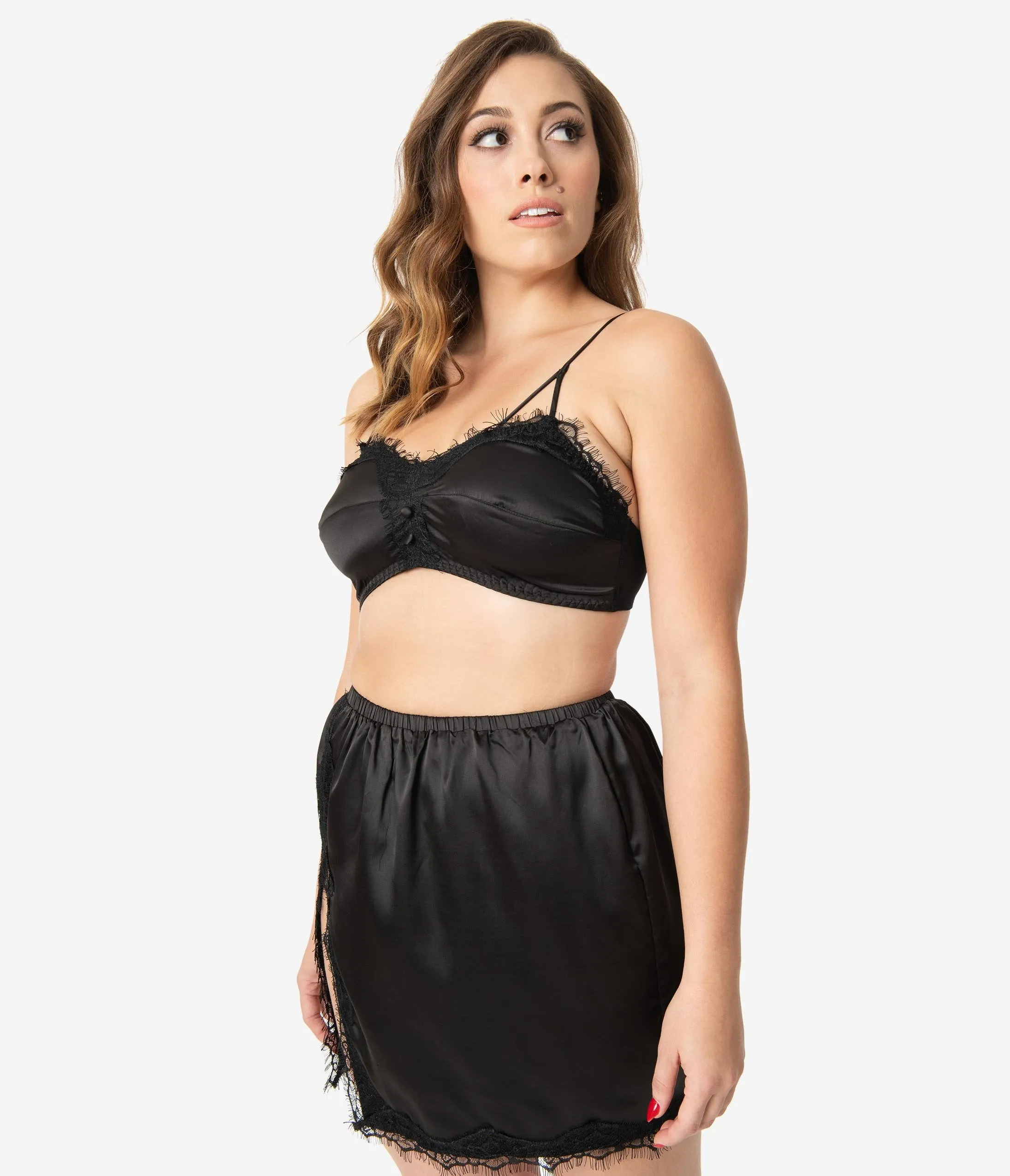 Bettie Page Black Satin & Lace Bralette & Slip Skirt