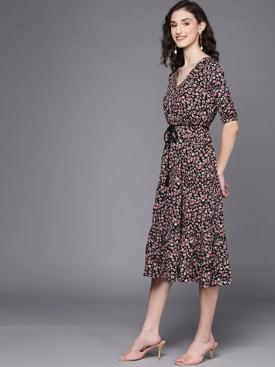 Black & Red Floral A-Line Midi Dress