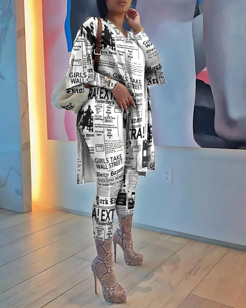 Black & White Newspaper Print Tunic Top & Leggings Set