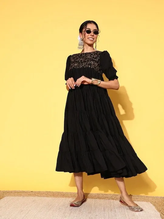 Black Floral Embroidered Puff Sleeves A-Line Midi Dress