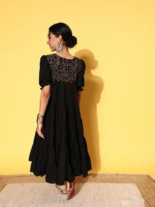 Black Floral Embroidered Puff Sleeves A-Line Midi Dress