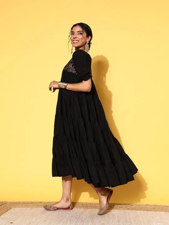 Black Floral Embroidered Puff Sleeves A-Line Midi Dress