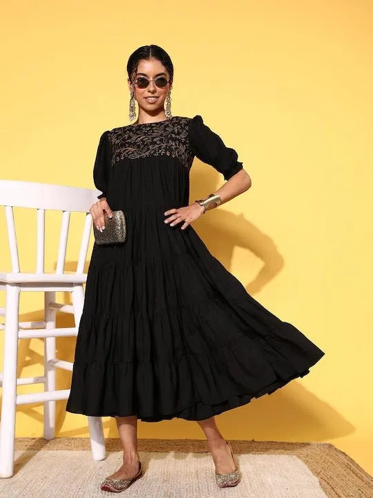 Black Floral Embroidered Puff Sleeves A-Line Midi Dress