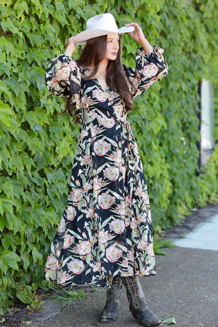 Black Floral Long Sleeve Dress with Tie